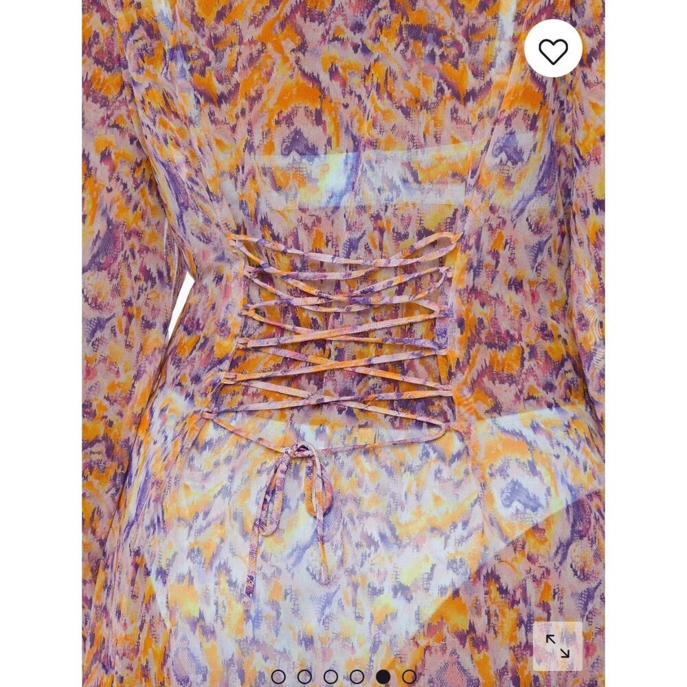 Long Kimono Duster Cover Up Purple Orange Abstract Print Lace Up Back‎ - Picture 2 of 5